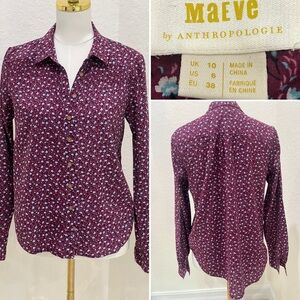 Maeve By Anthropologie Women's Burgundy Floral Blouse Size 6